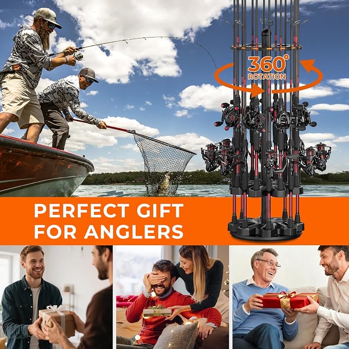 KastKing V16 Rotating Fishing Rod Holder for Garage, Floor Rack Holds Up to 16 Rods & Combos, Space-Saving Pole Organizer with Foam, Durable ABS, Fishing Gear Storage Gift for Men
