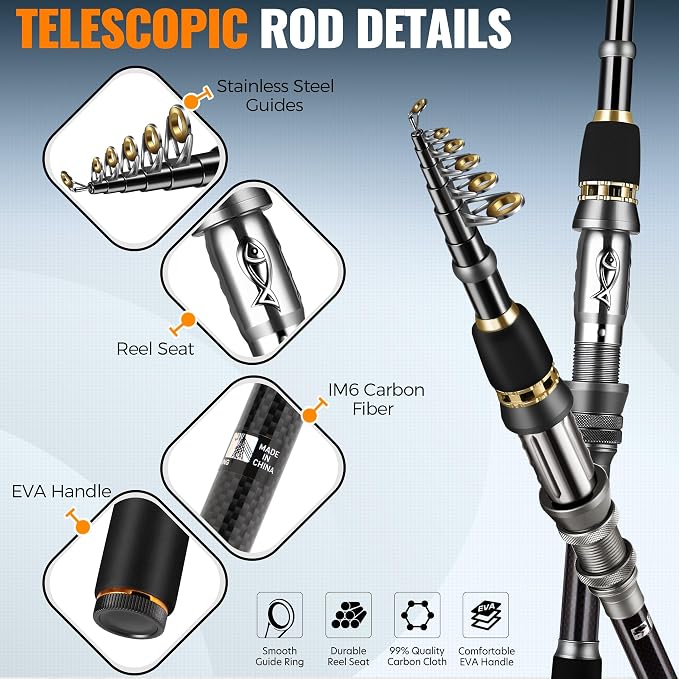 PLUSINNO Fishing Gear - Telescopic Fishing Rod and Reel Combo with Tackle Box, Collapsible Rod and Lures Box, Travel Fish Pole Starter Kit, Fishing Accessories Tackle Lure Kit Gifts for Men Bass Trout