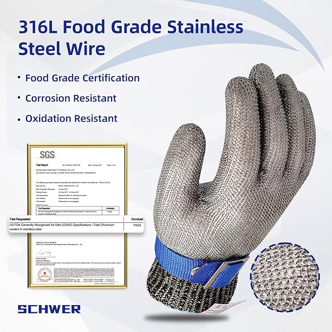 Schwer SlicePro ANSI A9 Cut Resistant Glove PR1706, Stainless Steel Mesh Metal Glove, Food Grade for Kitchen Cooking, Butcher Meat Cutting, Oyster Shucking, Mandoline, (S, 1 PCS)