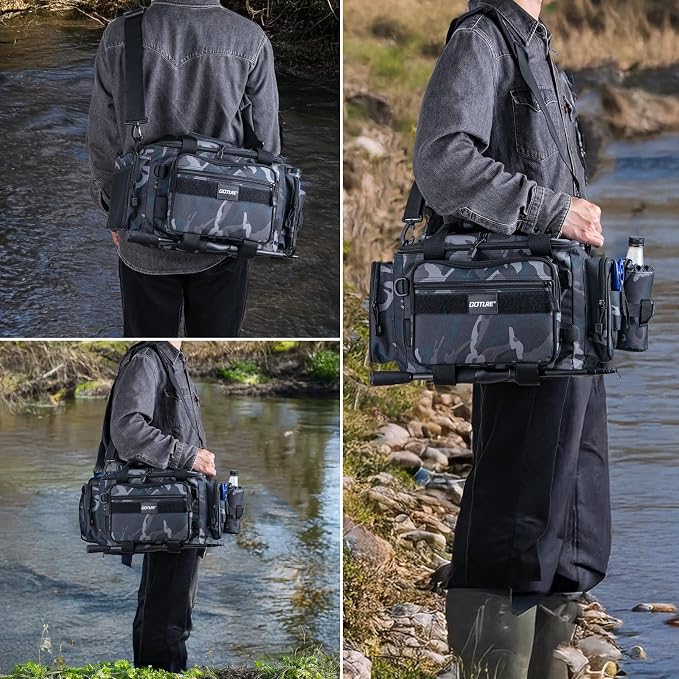 Goture Fishing Tackle Bag,Store Up to 4PCS 3700 Tackle Boxes(Not Included),600D Soft Side Water-Resistant Saltwater Gear Storage Fishing Bag with Rod Straps,Detachable Water Bottle Pouch,SBS Zippers