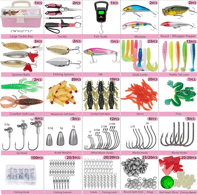 THKFISH 400PCS Fishing Lures Accessories Kit with Large 3-Layer Tackle Box Complete Freshwater Bass Fishing Gear Tools Set with Pliers, Fish Scale, Spinner bait, Hooks, Weights Sinkers, Gift for Women