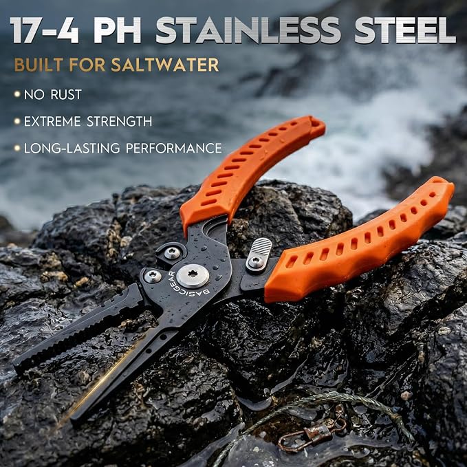 BasicGear Fishing Pliers, 17-4 PH Stainless Steel Saltwater Pliers, Braid Cutter, Split Ring Tool, Corrosion Resistant, One-Hand Operation (6.3" Compact (Light Fishing) - Orange)