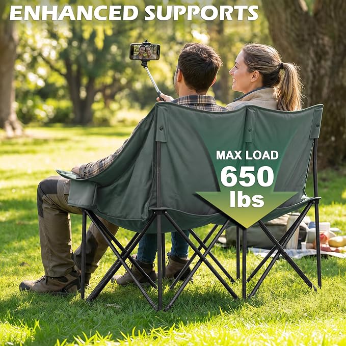 Youtanic Double Camping Chair, Heavy Duty 650lbs Padded Loveseat for Adults, Folding 2 Person Camp Couch with Cup Holder & Carry Bag, Wide Plaid Portable Lawn Seat for Outdoor Beach Sports, Gray
