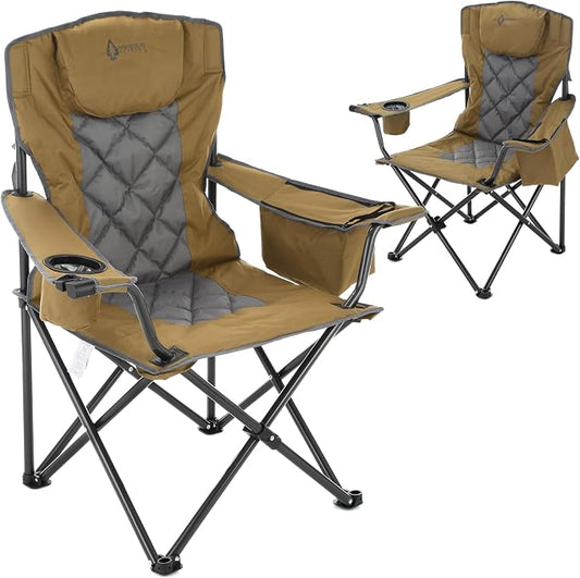 ARROWHEAD OUTDOOR 2-Pack Portable Deluxe Folding Camp Quad Chair w/Headrest, Glass & Cup Holders, Armest 6-can Cooler, Heavy Duty Carry Bag, 550 lbs Weight Capacity