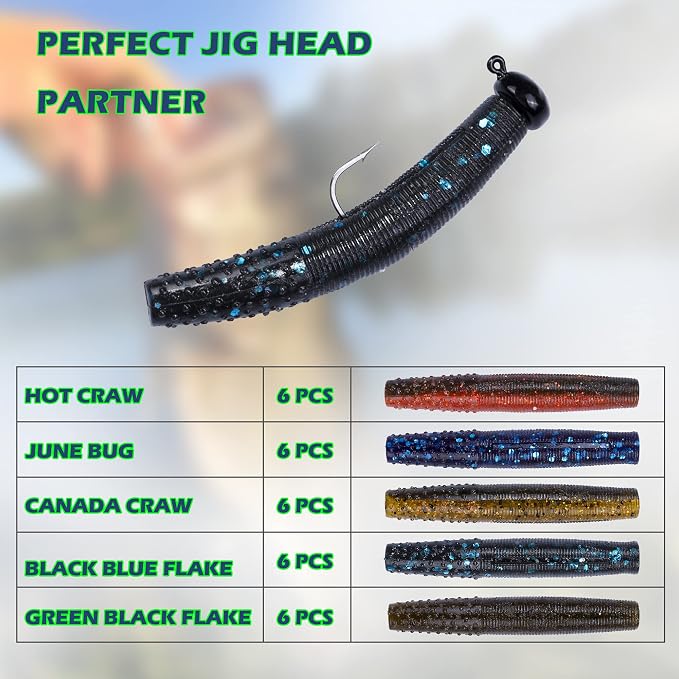 Soft Plastic Worm Fishing Lures Kit, Finesse TRD Stick Worms and Ned Rig Baits with Jig Heads for Bass Fishing, Freshwater Bass Soft Baits