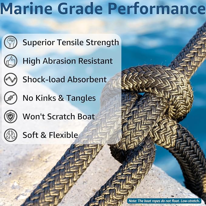 4 Pack 1/2" x 20' Dock Lines - Marine Grade Nylon Boat Ropes with 12" Eyelet for Docking and Mooring - Double Braided Boat Lines, High Strength, Easy Handling, Fray Resistant - Black