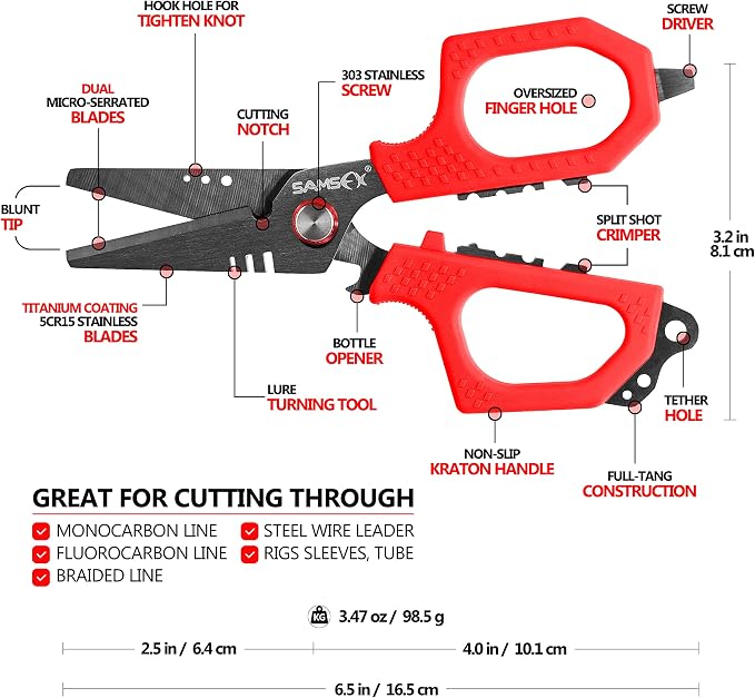 SAMSFX 6.5" Pro Fishing Shears Dual Serrated Blades, Fishing Braided Line Scissors with Titanium Coating, Non-Slip Grip & Multifunction Tool, Includes Hard Molded Locking Sheath & Coiled Lanyard