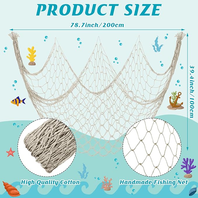 12 Pack Decorative Fish Netting for Party 80 x 40 Inch Natural Cotton Fish Net Decorations for Pirate Ocean Under The Sea Hawaiian Mermaid Party Picture Wall Hanging Decoration(White)