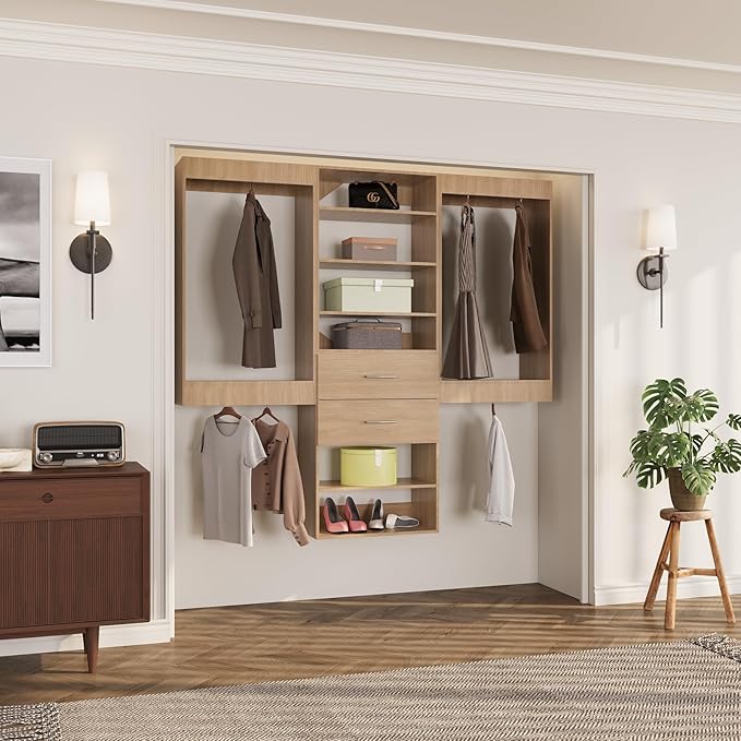 ROOMTEC Modular Closet System, 78" Wall Mounted Closet Organizer with Hanging Rods and Drawers, Wooden Tower for Walk-In Closets, Wardrobe Storage Kit, Wood