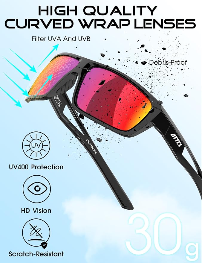 ATTCL Polarized Sunglasses Men Sports: UV Protection Lightweight TR90 Frame Anti-Slip Wrap-Around for Driving Fishing Golf
