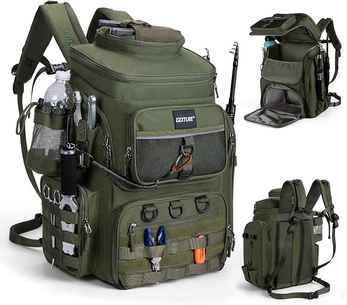 Goture Fishing Backpack, 900D Water-Resistant Tackle Bag with Rod Holders, Insulated Cooler Compartment, 55L Large Capacity Fishing Gear Storage for Saltwater&Freshwater Camping Hiking,Gifts for Men