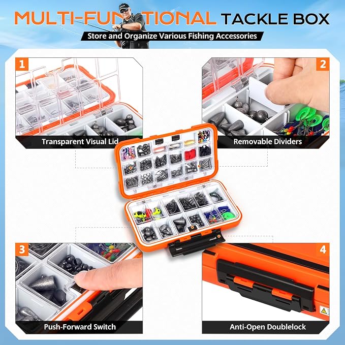 PLUSINNO Fishing Gear Accessories Kit, 449PCS Fishing Tackle Box with Tackle Included, Fishing Hooks, Fishing Weights Sinkers, Jig Heads, Fishing Tackle Set Equipment for Bass Trout, Gifts for men