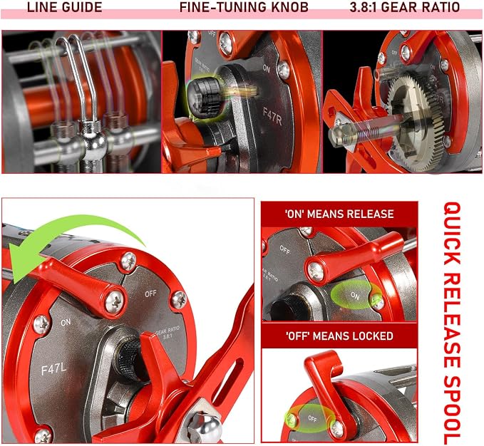 Sougayilang F47 Baitcasting Fishing Reel - Reinforced Metal Body Round Baitcaster for Smooth Powerful Saltwater Inshore Surf Trolling - Conventional Reel for Catfish, Musky, Bass, Pike