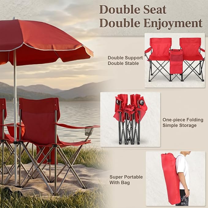 Portable Double Folding Picnic Chair with Removable Sun Umbrella and Cooler Bag, 2-Seat Outdoor Camping Chair with Cup Holders & Carrying Bag for Beach, Fishing, Patio, Red