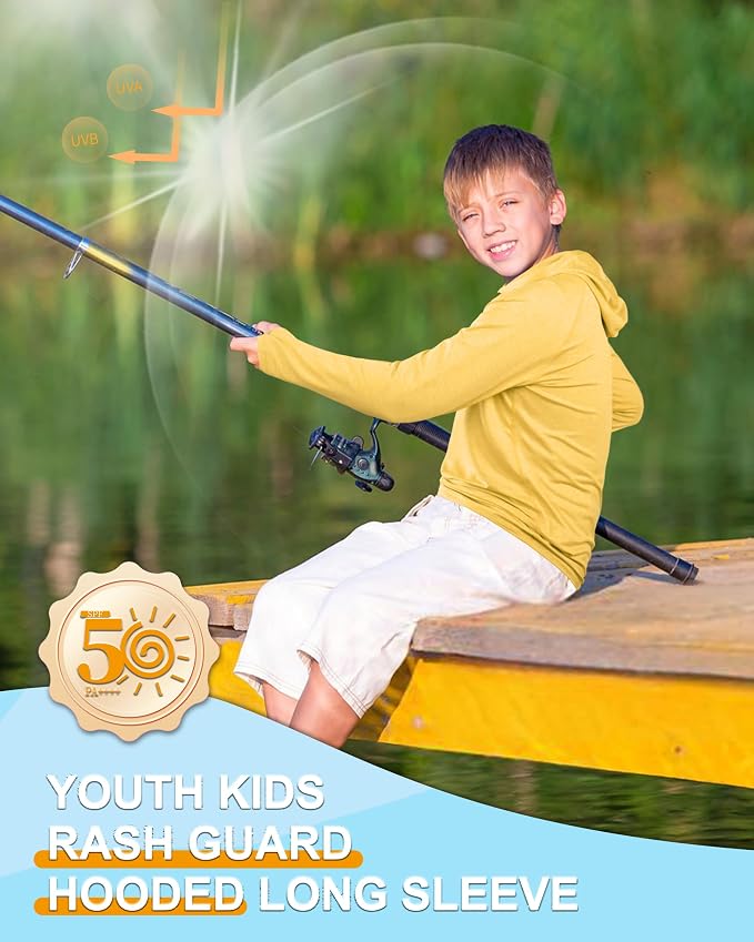 Roadbox Boys Rash Guard Hooded Fishing Shirt, Kids UPF 50+ Long Sleeve Sun Hoodie, Youth UV Protection Beach Swim Shirts