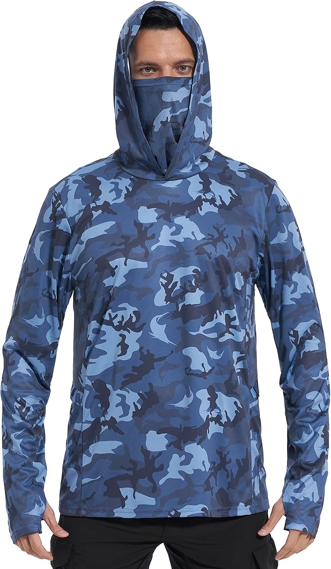 FISHEAL Men's Performance Fishing Hoodie Shirt - UPF 50+ Sun Protection Long Sleeve Thumbholes Shirts with Neck Gaiter