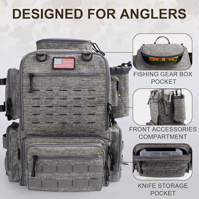 Fishing Backpack, Fishing Tackle Backpack with Rod Holders for 4 Boxes (Box Not Included) 45L Waterproof Fishing Gear, Ideal for Men and Women Tackle Box Bag (Storm Gray)