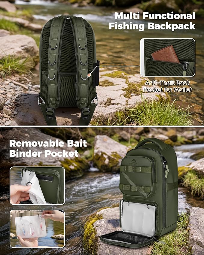 MATEIN Fishing Sling Bag with Lure Rod Holder & Phone Pouch, Waterproof 3600 Tackle Box Backpack with Removable Bait Binder