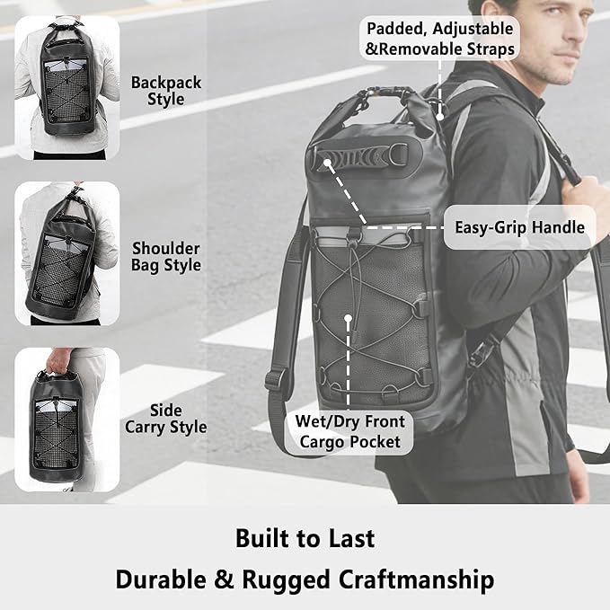SHENDU 20L Waterproof Dry Bag - Roll-Top Backpack w/Waterproof Phone Case for Kayaking, Hiking, Camping, Boating, Beach Unisex (Black)