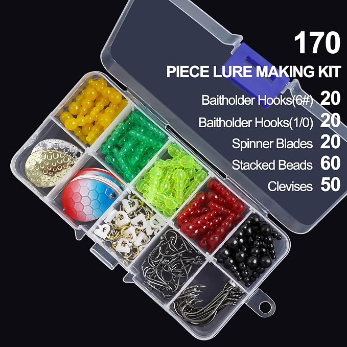 Fishing Lure Making Kit for Walleye Rigs, 170pcs Bass Fishing Lures Making Supplies Parts Crawler Harness Trout Bass Salmon Colorado Blades Hooks Stacked Fishing Beads Kokanee Rigs Trolling Rigs