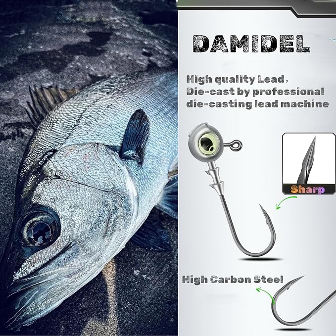50Pcs/Box Swimbait Jig Heads Fishing Hooks with 3D Eye，4 Sizes（1/4oz.3/8oz,1/5oz. 1/8oz Mixed，Automatic stabilization Head Design/Luminous,Bass Freshwater&Saltwater