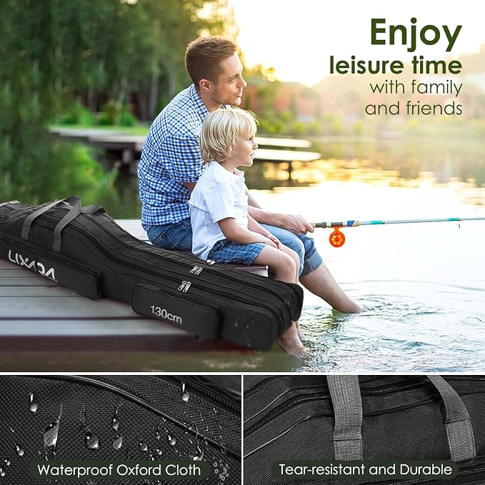 Lixada Fishing Rod Case, 3 Layers Oxford Fishing Rod Bag, Portable Foldable Fishing Pole Bag, Fishing Rod Carrier Fishing Tackle Storage Bag Travel Carry for Fishing Gear & Equipment