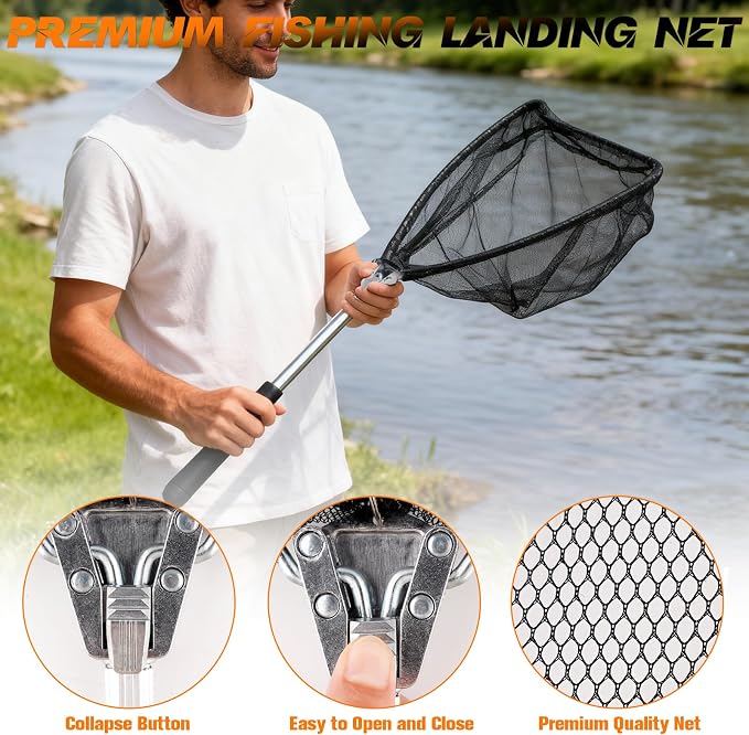 Hikary 10 Pcs Fishing Tool Kit,Folding Fishing Net Set with Storang Bag,Pliers with Lanyard and Protective Sheaths,Hook Remover,Fish Gripper,Fish Scale,Scissors for Fisherman Travel Gifts