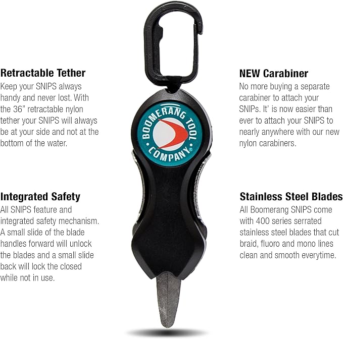 Boomerang Tool Company SNIP Fishing Line Cutters with Retractable Tether and Stainless Steel Blades that Cut Braid, Mono and Fluoro Lines Clean and Smooth!