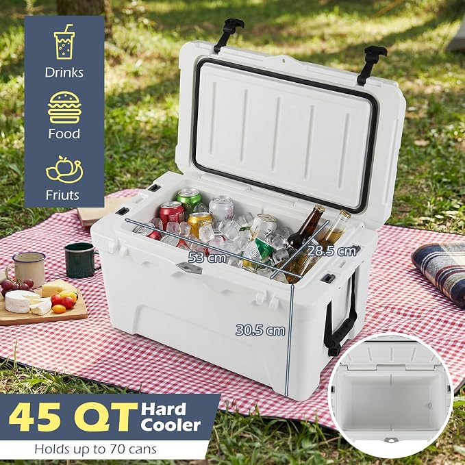 Goplus Hard Cooler, Insulated Ice Chest w/Portable Handles, Cup Holders, Ruler, Bottle Opener, 6 Day Ice Retention for Drink, Beverage, Camping, Fishing, Beach