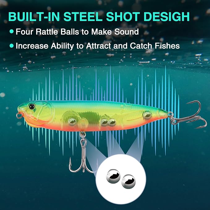 FLISSA 5PCS Top Water Fishing Lures Kits, Bass Fishing Lures for Freshwater & Saltwater, Realistic Hard Bait, Popper Fishing Lure with Treble Hooks for Trout, Bass, Salmon, Walleye Fishing