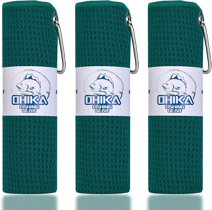 Microfiber Fishing Towels with Clip, Waffle Pattern for Effective Cleaning of Fishing Gears or Dirty Hands, 16” x 16”, Camping Towels, Hiking Towels, Pack of 3 (Green)