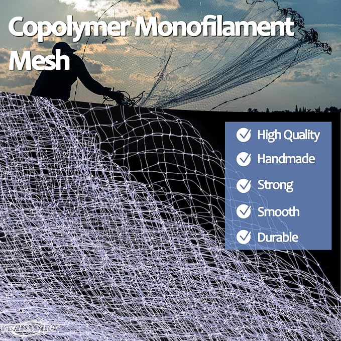 Yeahmart American Saltwater Fishing Cast Net for Bait Trap Fish 3ft/4ft/5ft/6ft/7ft/8ft/9ft/10ft Radius Casting Nets with Heavy Duty Real Zinc Sinker Weights, 3/8inch Mesh Size