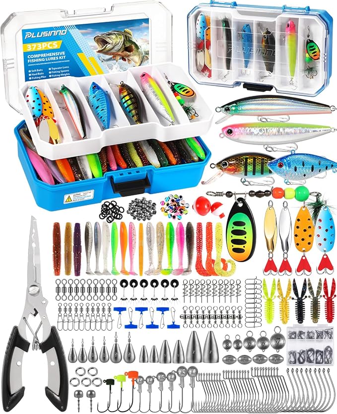 PLUSINNO Fishing Tackle Box with Tackle Included, 373PCS Fishing Lures Kit with Removable Tray, Fishing Gear with Pliers, Weights, Hooks, Accessories, Fishing Tackle Lure Kit Gifts for Men Bass Trout
