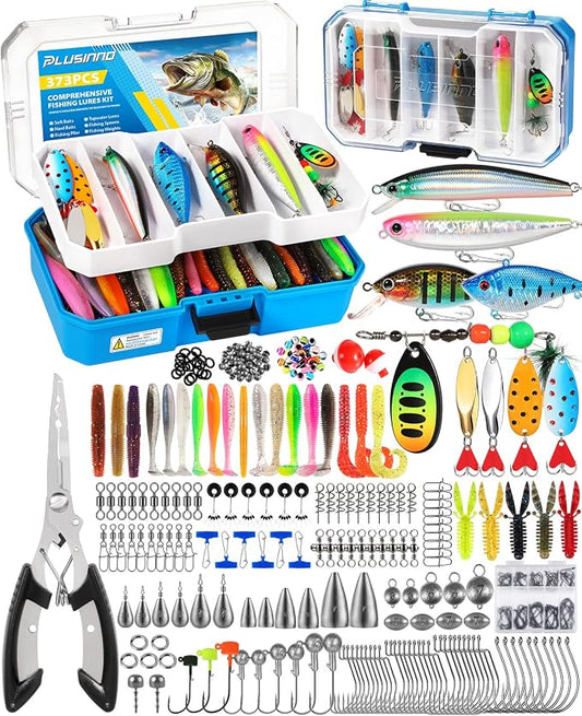 PLUSINNO Fishing Tackle Box with Tackle Included, 373PCS Fishing Lures Kit with Removable Tray, Fishing Gear with Pliers, Weights, Hooks, Accessories, Fishing Tackle Lure Kit Gifts for Men Bass Trout