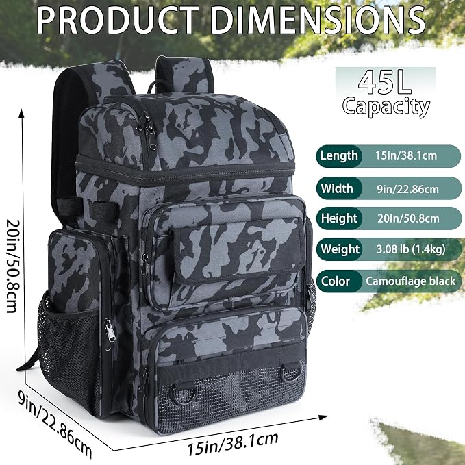 Fishing Tackle Backpack With Rod Holders, 45L Large Tackle Bag & Fishing Tackle Backpack for Fishing, Camping, Hiking,Camouflage