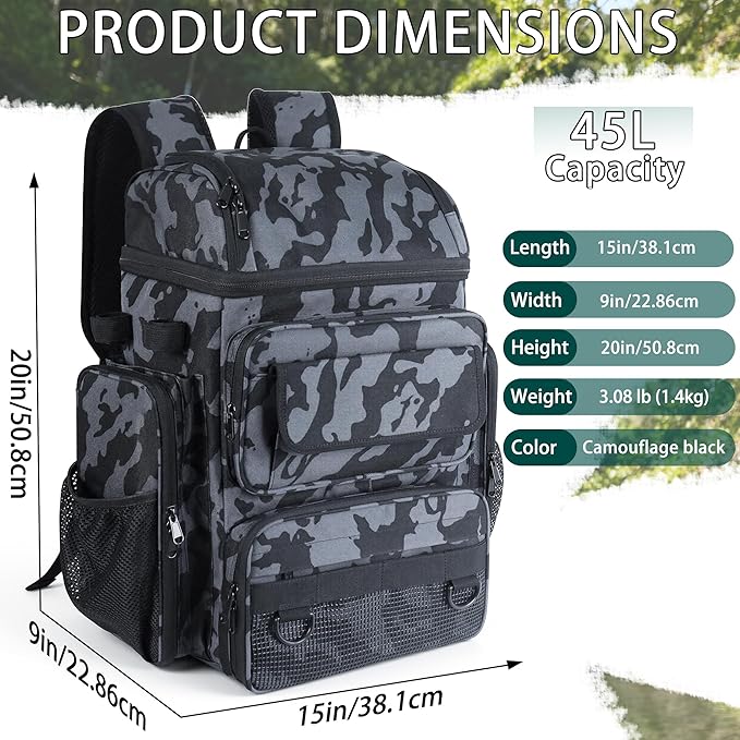 Fishing Tackle Backpack With Rod Holders, 45L Large Tackle Bag & Fishing Tackle Backpack,Cellular Pattern Color