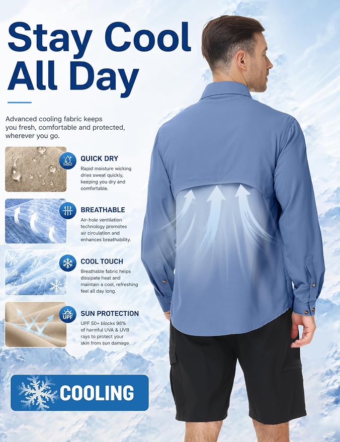 Roadbox Men's Sun Protection Fishing Shirt, Long Sleeve Cool Dry Lightweight UPF 50+ Shirts for Hiking Safari Camping Travel