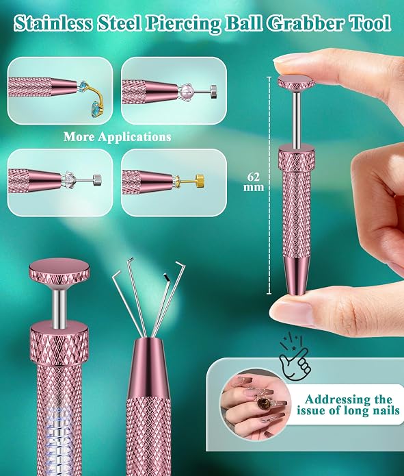 Upgraded Anti-Slip Piercing Ball Grabber Tool with Ergonomic Design for Changing Jewelry, Stainless Steel Jeweler Pick Up Tool 4 Claw Gem Piercing Changing Tool Body Piercing Kit for Ear Nose Lip