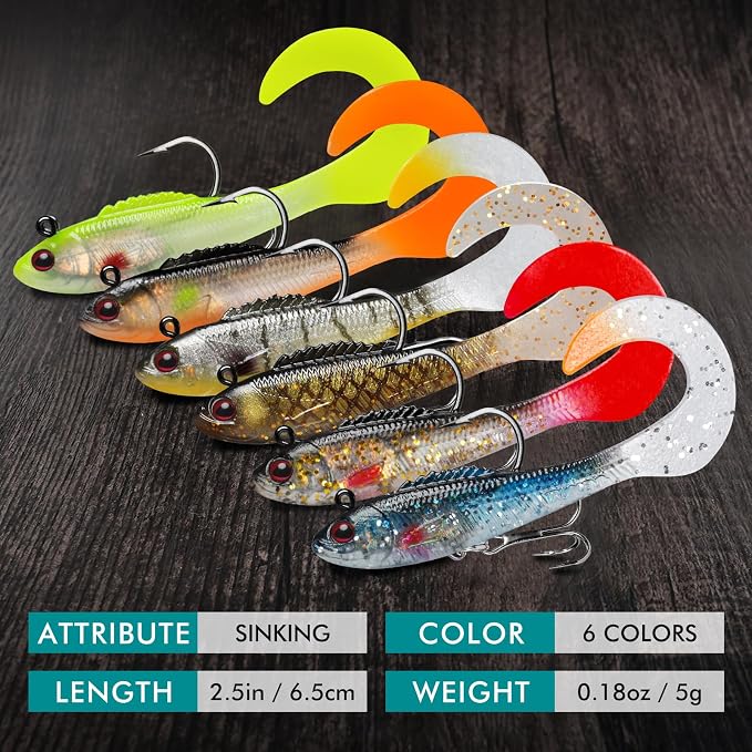 TRUSCEND Shadtale Easy Catch Soft Fishing Lures with BKK Hooks - Trembly Sinking and Vibrating Swim for More Bites, Pre-Rigged Swimbaits for Bass, Trout, Crappie, Walleye, Freshwater Saltwater Fishing