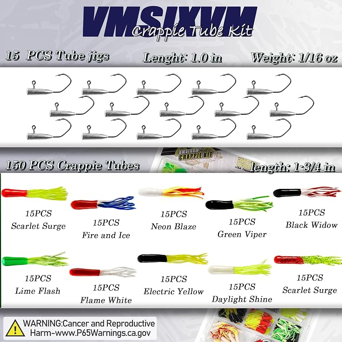 165 Pcs Tube Lures Crappie Lures with Jig Heads Soft Plastic Baits for Bass Fishing, Tube Worms Jigs Hooks Rigs Swimbait for Freshwater Saltwater