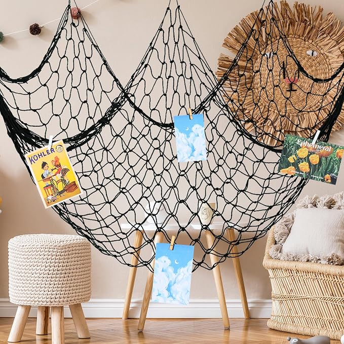 12 Pack Decorative Fish Netting for Party 80 x 40 Inch Natural Cotton Fish Net Decorations for Pirate Ocean Under The Sea Hawaiian Mermaid Party Picture Wall Hanging Decoration(Black)