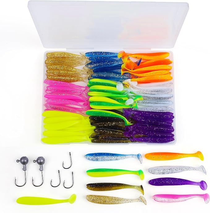 Soft Fishing Lures，90pcs Fishing Soft Plastic Lures and 5pcs Fishhook,Paddle Tail Swimbaits Soft Plastic Lures Kit for Bass Trout Walleye Crappie