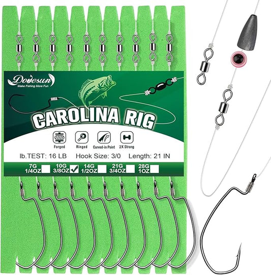 Dovesun 10/5PCS Ready Tied Carolina Rig Kit for Bass Fishing Catfish Rig Catfish Hook Kit with Bass Hooks, Swivel, Fluorocarbon Line, Weights