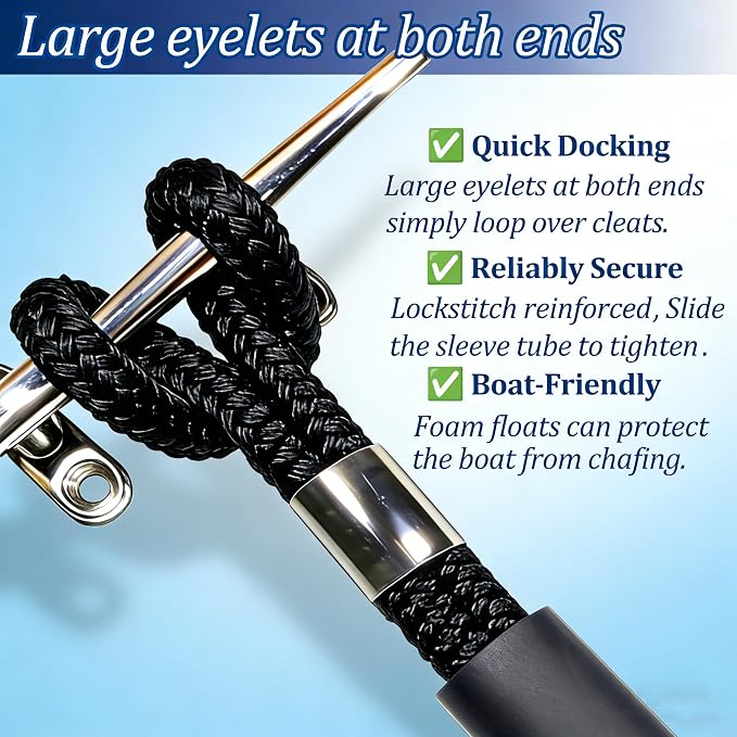 Boat Dock Lines, 1/2" x 10ft Double Braided Nylon Docking Line with Loop, Marine Grade Boats Mooring Rope, Boating Accessories