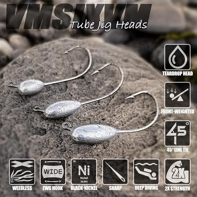 30/20/10 Pcs Tube Jig Heads for Bass Fishing, Tube Bait Worm Hooks rigs for Freshwater Saltwater, 5/16oz, 1/4oz, 3/16oz, 1/8oz