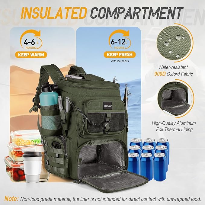 Goture Fishing Backpack, 900D Water-Resistant Tackle Bag with Rod Holders, Insulated Cooler Compartment, 55L Large Capacity Fishing Gear Storage for Saltwater&Freshwater Camping Hiking,Gifts for Men