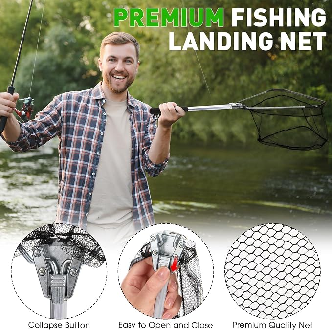 RoundFunny 10 Pcs Fishing Tool Kit, Fishing Pliers with Lanyard and Protective Sheaths, Landing Net, Fillet Knife, Fish Scale, Gripper, Hook Remover, Braid Scissors, Gloves for Men Dad Gift