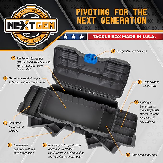 Flambeau Outdoors 660NGAK Next Gen 6/0 Large Fishing Tackle Box - 6 Pivot Trays, 32 Compartments, Includes 25-piece Tackle Kit, Fishing Tackle and Gear Storage, Fishing Lure Organizer, Dark Gray