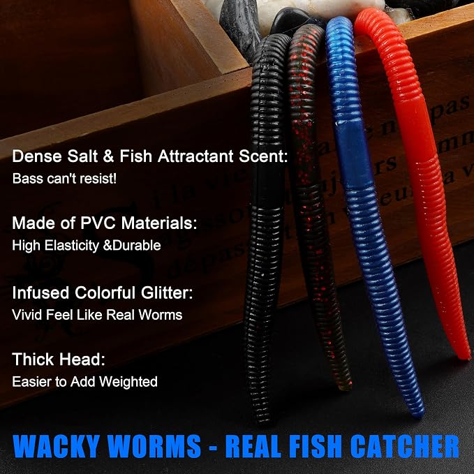 Wacky Rig Kit for Bass Fishing, 70pcs Wacky Worm Kit with Wacky Hooks, O-Rings, Wacky Tool, Soft Stick Worms and Tackle Box, Bass Fishing Lures for Largemouth and Smallmouth Bass
