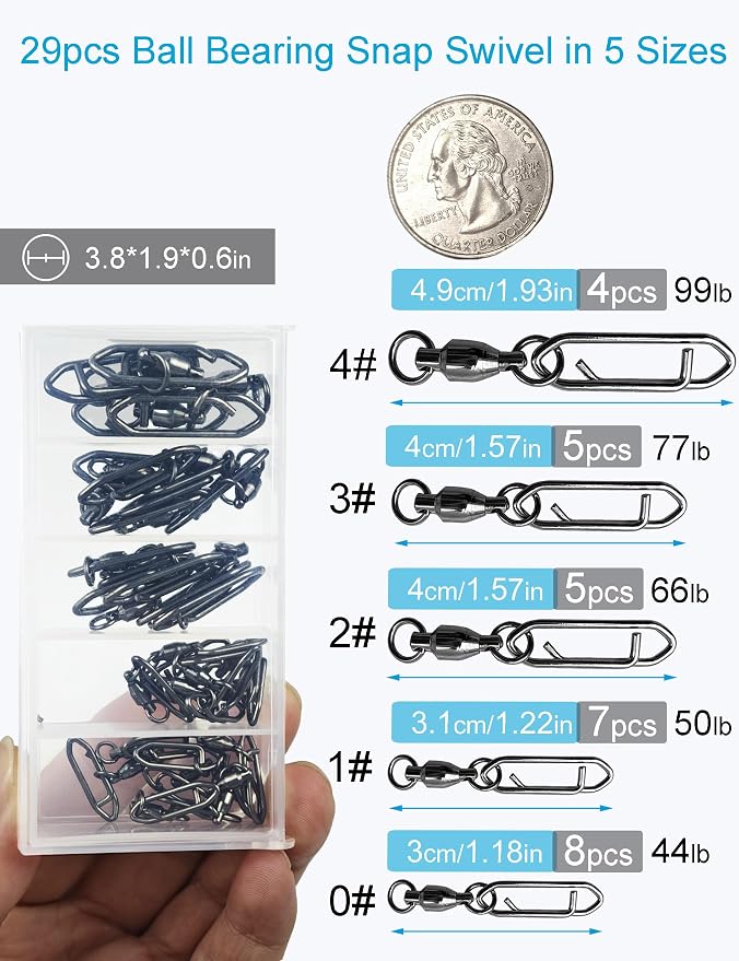 Ball Bearing Fishing Swivels with Speed Clips - 29pcs/Box Black Nickel Stainless Steel Snap Swivels, Size 0# - 4# Saltwater & Freshwater Quick Change Lure Snap